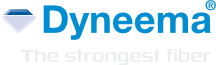 Logo featuring a diamond icon to the left and the text Dyneema® in blue. Below, it reads The strongest fiber in a light gray font.