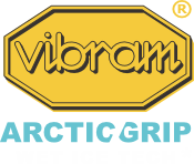 The image shows the Vibram Arctic Grip logo. It features a yellow hexagon with vibram written in black inside, and ARCTIC GRIP in blue text below.