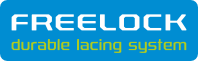 A blue rectangle with white text reading FREELOCK above yellow text reading durable lacing system.