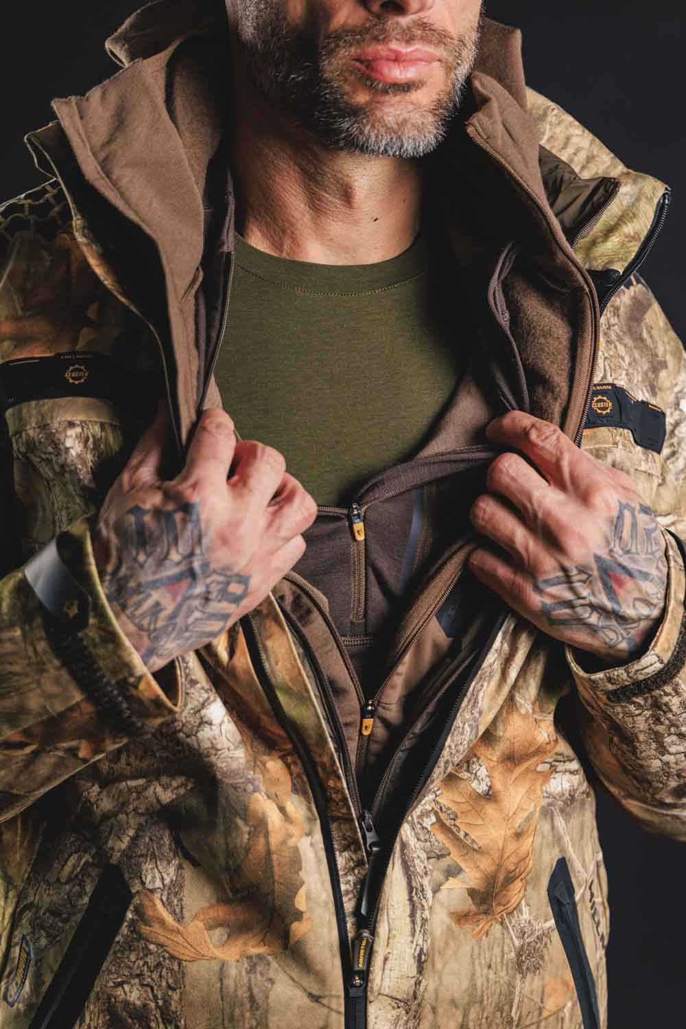 A man is wearing a camouflage jacket and multiple layers, including a brown hoodie and a green shirt. He is unzipping the jacket, showing tattoos on his hands. The background is dark.