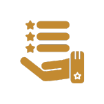 Icon of a hand with a cuff and star, holding three stacked lines with stars on the left side. The image is colored in gold and set against a black background.