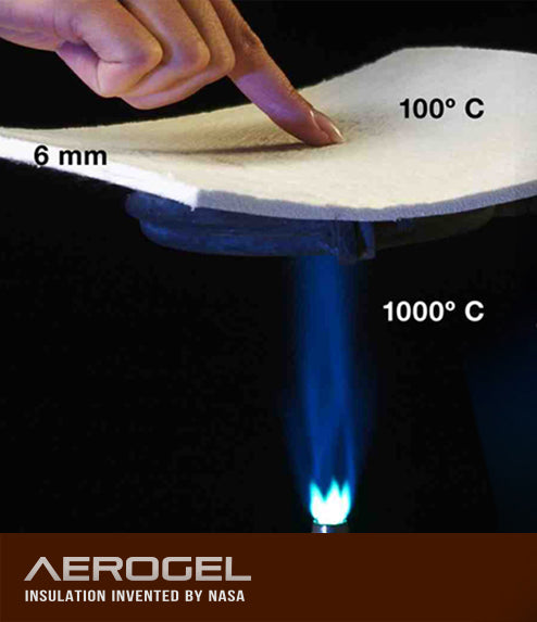 A persons finger touches a thin layer of Aerogel, labeled 100°C, above a 1000°C blue flame. The Aerogel layer is 6 mm thick, showcasing its insulating properties. Text reads, Aerogel: Insulation Invented by NASA.