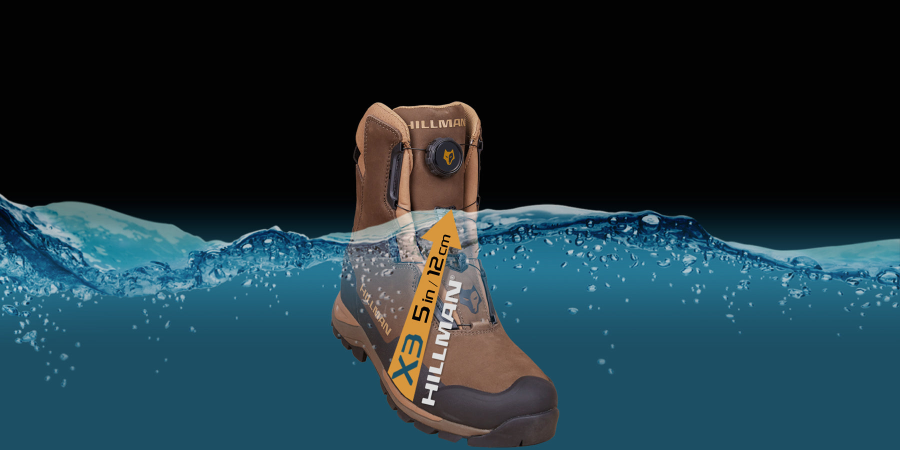 A brown waterproof boot partially submerged in water with splashes and bubbles. The boot features a rugged sole and yellow accents, and the text X3 5 in 12cm is prominently displayed on the side.