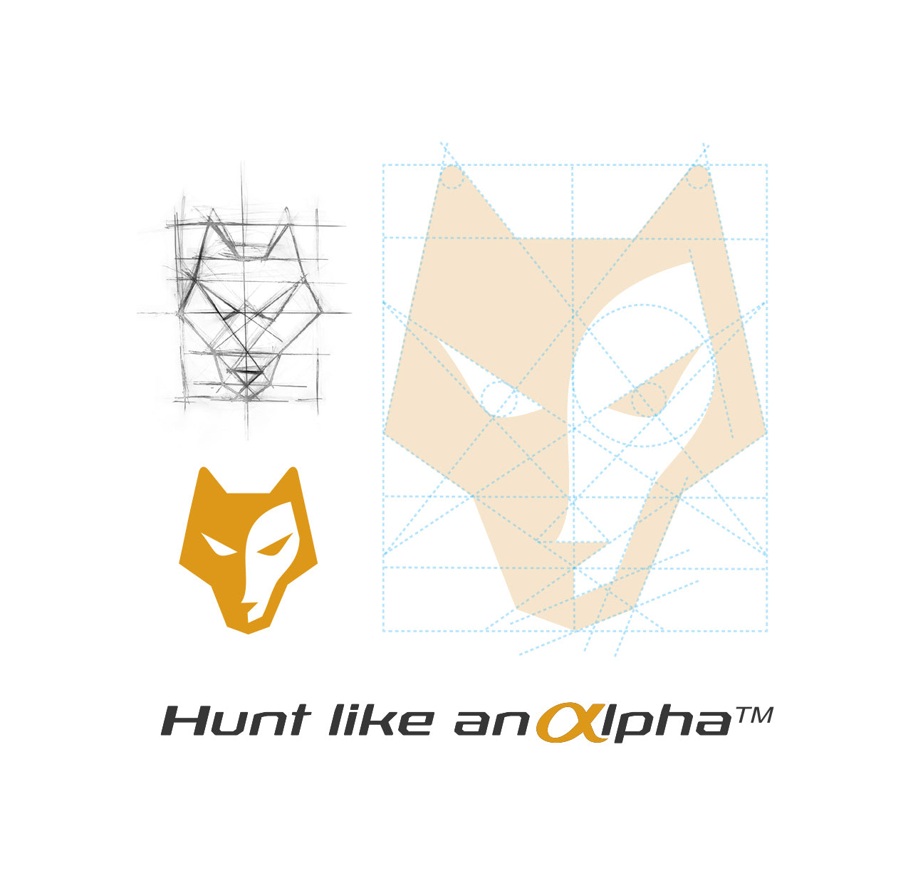 A geometric wolf head design showing a grid sketch, an orange finalized logo, and the text Hunt like an Alpha™ in black and orange below.
