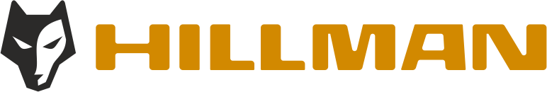 Logo of HILLMAN in bold, golden letters. On the left, there is a stylized, minimalist wolf head design in black and white.