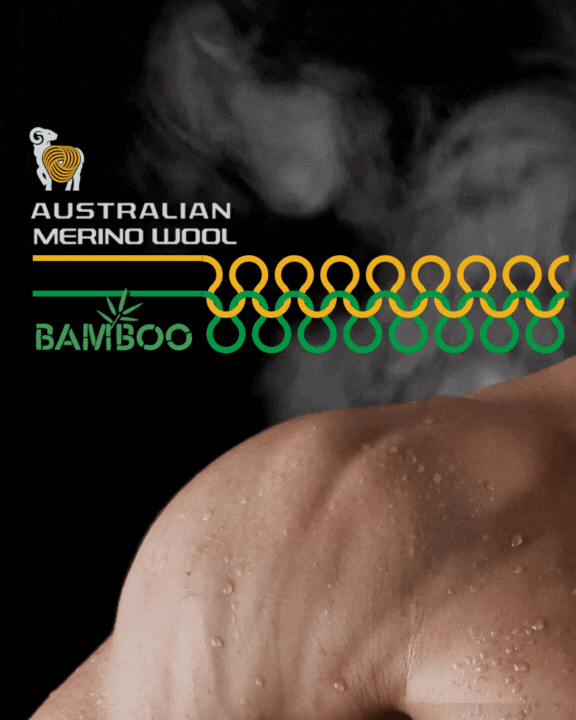 Close-up of a persons muscular back and shoulders, covered partly by a grey, smoky texture. Logos read Australian Merino Wool and Bamboo, with decorative green and yellow lines.