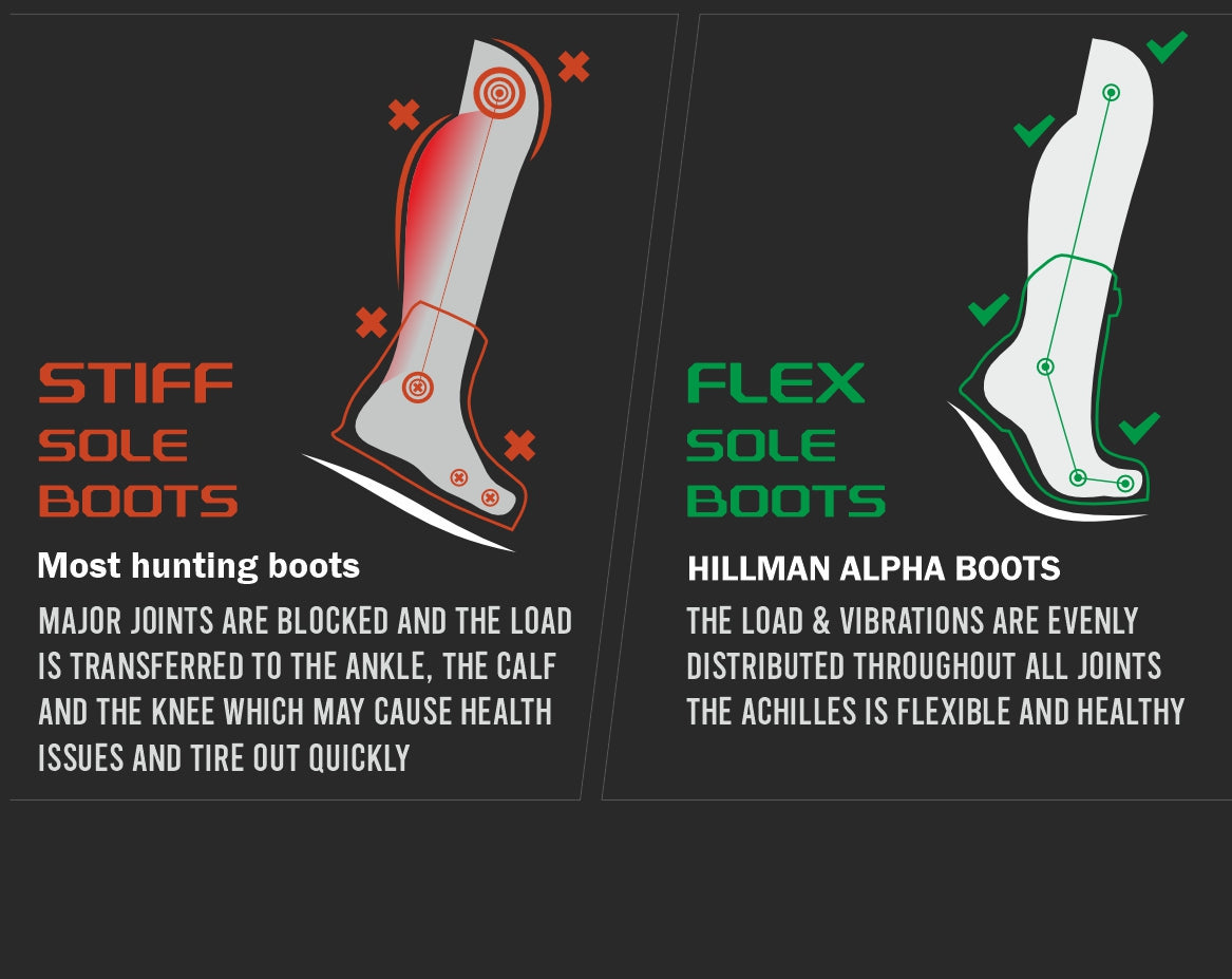 Comparison infographic of two boot types: Stiff Sole Boots show blocked major joints and potential health issues, while Flex Sole Boots (Hillman Alpha Boots) illustrate even load distribution, flexibility, and improved joint health.