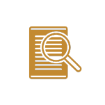 A gold-colored document icon with horizontal lines representing text and a magnifying glass overlapping it, suggesting a concept of search or analysis. Positioned against a black background.