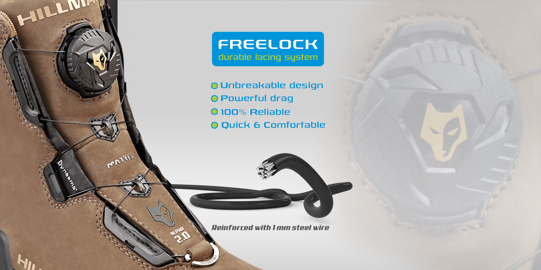 Close-up of a brown boot displaying the FreeLock durable lacing system. Features include an unbreakable design, powerful drag, 100% reliable, and quick comfort with 1mm steel wire reinforcement. Black and gray dials are visible for adjustment.