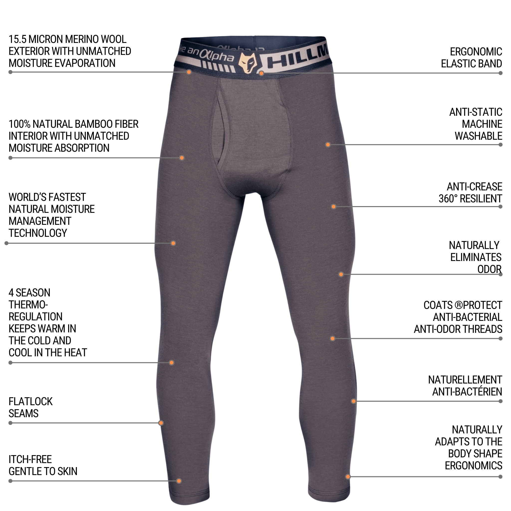 The Hillman®GWR 2BL Merino Wool Hunting Long Johns, featuring HILLMAN on the waistband, have a merino wool exterior and bamboo fiber interior. They provide anti-static, anti-bacterial benefits, flatlock seams for comfort in all seasons, and naturally adapt to your body shape.