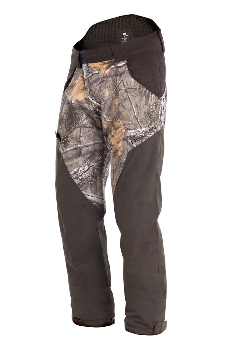 The Hillman® Fusion Waterproof Hunting Trousers are lightweight pants with a camouflage front and solid dark brown sides and back, ideal for hunting or hiking.
