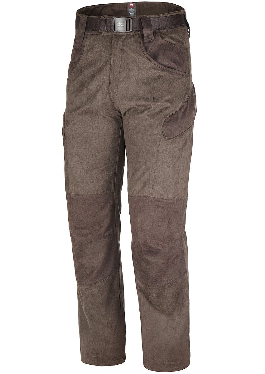 Hillman® XPR Silent Hunting Trousers in OAK are brown, durable Cotton Suede® outdoor pants with reinforced knee patches, multiple pockets, and a black adjustable belt. They feature a slightly tapered fit and an anti-odor coating, making them ideal for hiking or trekking adventures.
