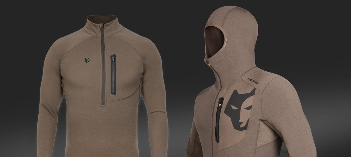 Two brown, long-sleeve pullovers are displayed. One has a half-zip and chest pocket, the other has a hood with a large animal face logo on the chest. Both have sleek, modern designs.
