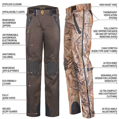Two pairs of 5WL Ultra-Lightweight Waterproof Hunting Trousers by HILLMAN GEAR feature stepless closure, anatomical tailoring, reinforced knees, waterproof zippers, ventilation systems, eco-friendly materials, and camouflage design. Perfect for any outdoor adventure.