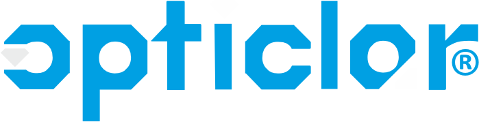 The image displays the Opticlor logo in lowercase blue letters with a unique stylized font, including a registered trademark symbol.