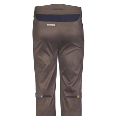 The back view of HILLMAN GEAR 5WL Ultra-Lightweight Waterproof Hunting Trousers features adjustable straps at the knees and waistband, with a small label on the waistband. These brown, knee-length trousers are made from weather-resistant, breathable material for lasting comfort and durability.