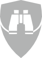 A grayscale icon depicting binoculars within the outline of a shield.