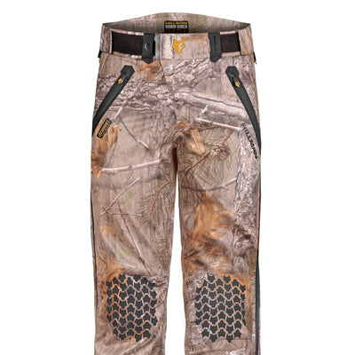 The 5WL Ultra-Lightweight Waterproof Hunting Trousers by HILLMAN GEAR feature a tree and leaf camo pattern, include a belt, have zippered front pockets, and reinforced knee areas with textured design.