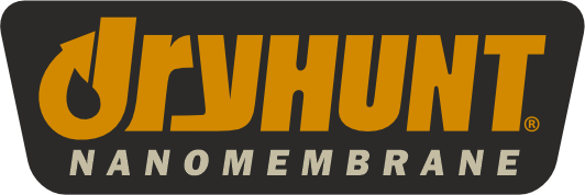Logo with the word Dryhunt in bold orange letters and Nanomembrane in smaller white letters beneath it, set against a black, rounded trapezoidal background.