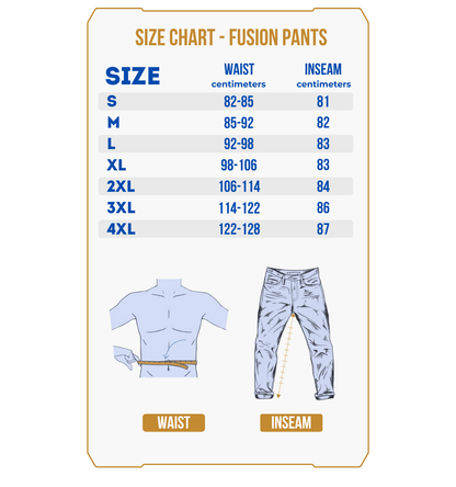 Size chart for PRE ORDER Fusion Waterproof Hunting Trousers features waist and inseam measurements from S to 4XL, plus illustrated guides showing where to measure on body and trousers. Lightweight design ensures comfort and durability.