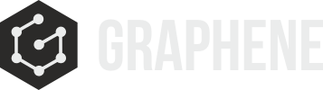 A logo featuring a black hexagon containing a stylized molecule structure made of lines and circles. The word GRAPHENE is written in bold, light gray capital letters to the right of the hexagon.