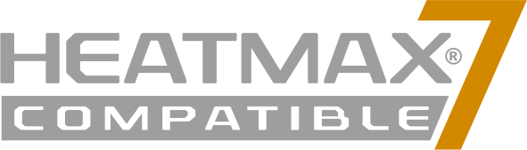The image shows the text HEATMAX 7 COMPATIBLE in a stylized font. HEATMAX is in gray, 7 in orange, and COMPATIBLE in a gray box with white letters.