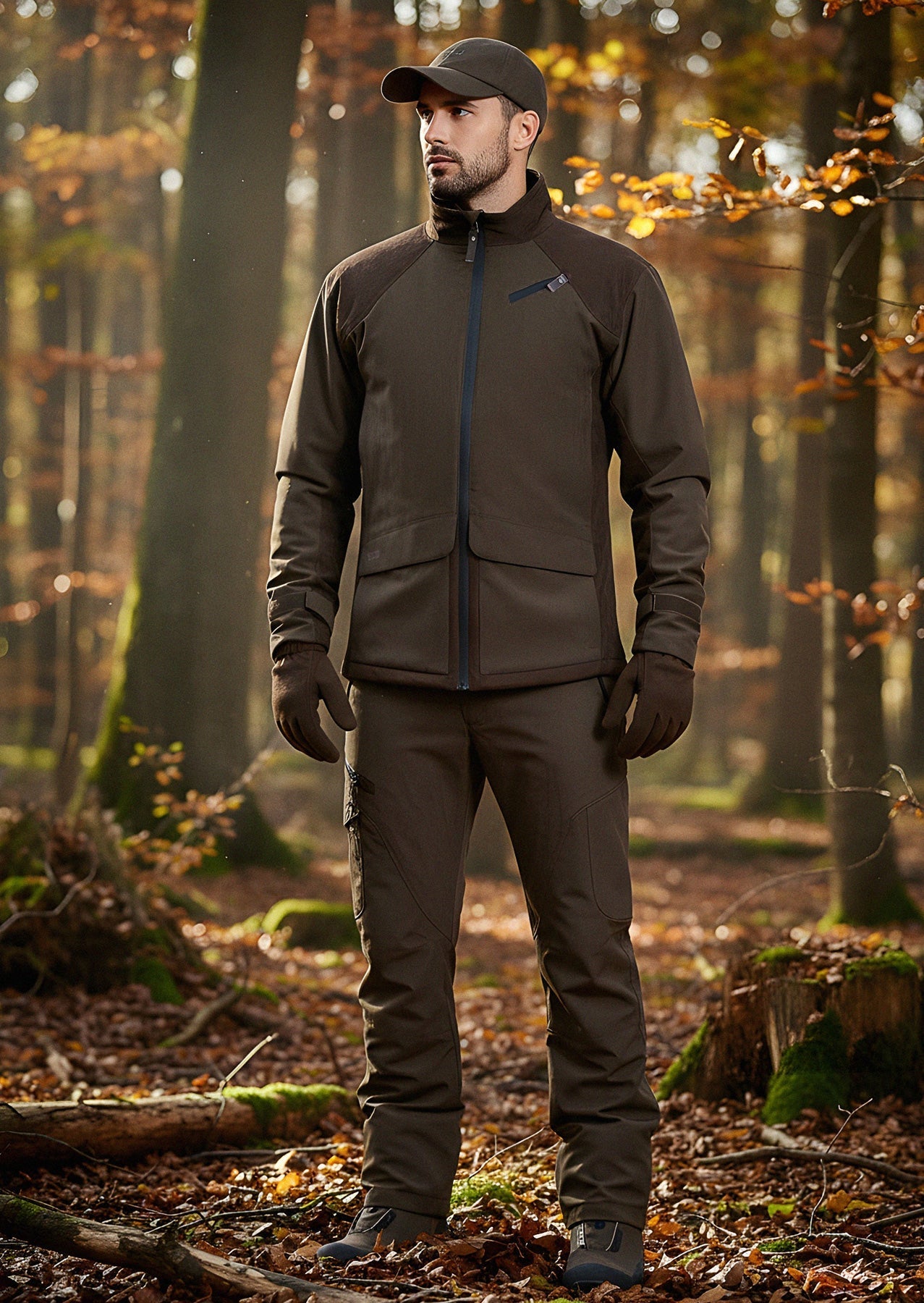 A man wearing a Hillman® waterproof hunting jacket stands in a sunlit, autumn forest with brown leaves on the ground, gazing off to the side.