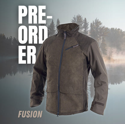 A Hillman® PRE ORDER Fusion Hunting Jacket in brown and olive green with ergonomic construction is shown before a misty lake and forest. Bold text says PRE-ORDER; smaller text at the bottom reads FUSION.
