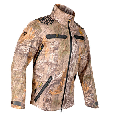 The HILLMAN GEAR ultra-lightweight camo rain jacket is a waterproof camouflage hunting coat with a front zipper, high collar, black accents, and multiple zippered pockets—ideal for outdoor or hunting use.