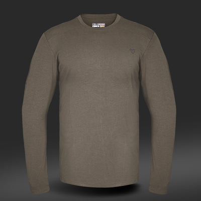 The HILLMAN bamboo long sleeve hunting t-shirt—an ultralight, all-season base layer in olive green—features a crew neck, moisture control, and a small embroidered logo on the left chest, displayed against a dark gradient background.