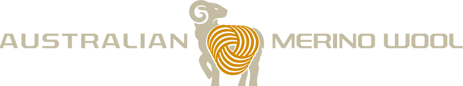 Logo featuring a stylized sheep with a wool pattern on its body, flanked by the words Australian Merino Wool in beige lettering. The sheep is beige with an orange swirled wool design.