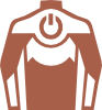 Illustration of a stylized brown superhero suit with a bold, circular emblem on the chest resembling a power button. The design features contrasting light and dark brown shades, giving it a modern and tech-inspired appearance.