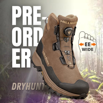 A brown PRE-ORDER | Wide Fit Waterproof Hunting Boots DryHunt 2.0 is shown on a forest background, with “PRE-ORDER,” “DRYHUNT,” and “extra-wide hunting boots” fit highlighted alongside a foot illustration. Delivery 25 Sep.