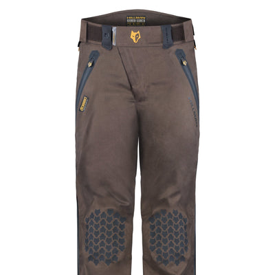 HILLMAN GEARs 5WL Ultra-Lightweight Waterproof Hunting Trousers feature reinforced hexagonal knee patches, a logo on the waistband, two zippered front pockets, and a small yellow and black tag near one pocket for added practicality.