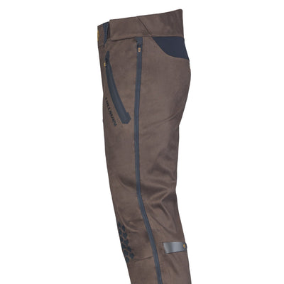 Side view of HILLMAN GEARs 5WL Ultra-Lightweight Waterproof Hunting Trousers in brown, with black zippers and accents, subtle branding, and a geometric pattern on the lower leg. These sleek, tailored pants are perfect for outdoor or casual wear.
