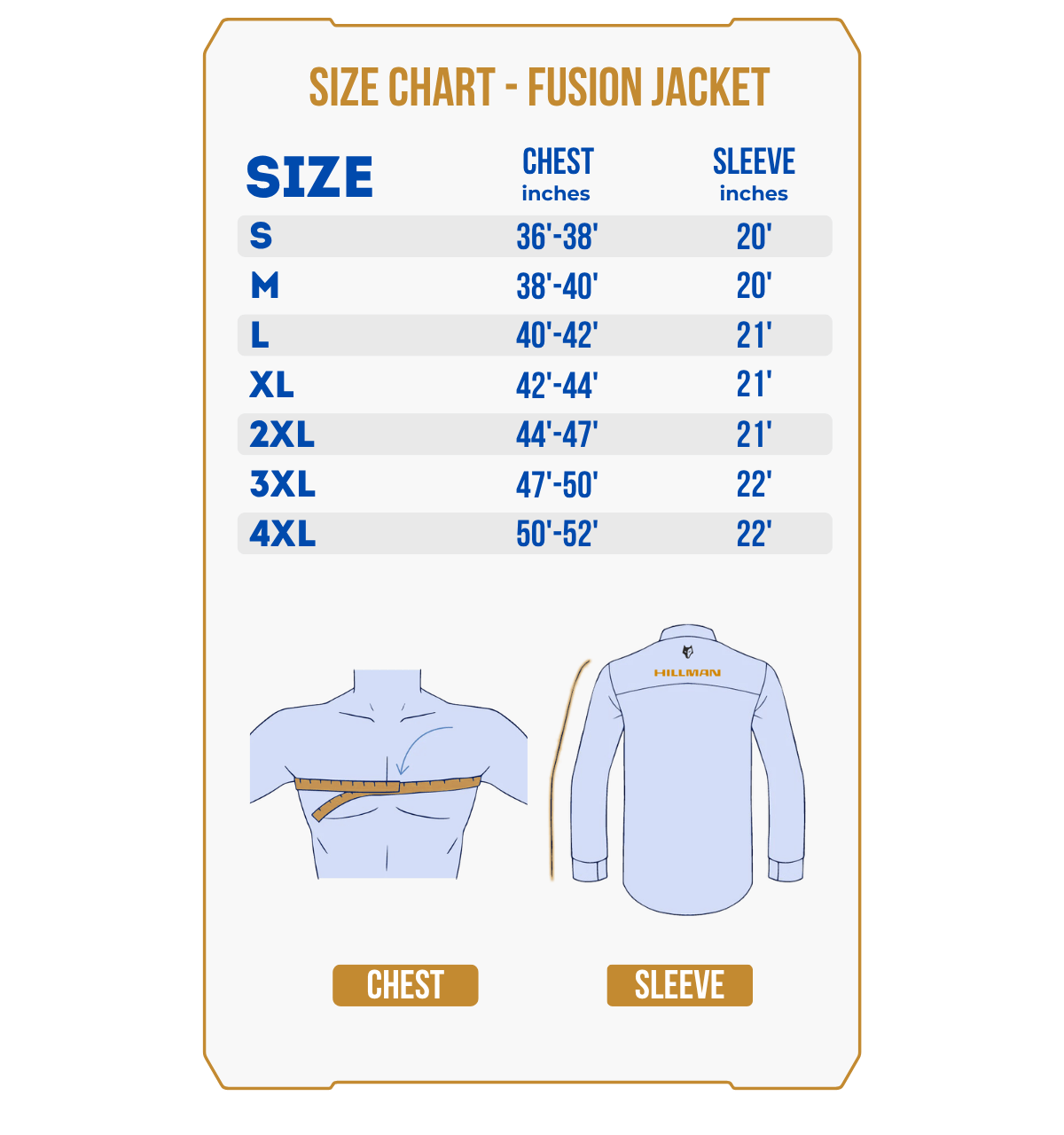 Size chart for the PRE ORDER Fusion Hunting Jacket, listing chest and sleeve sizes (S–4XL). Diagrams show how to measure chest (around torso) and sleeve (shoulder to wrist) on a shirt.