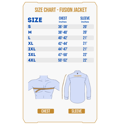 Size chart for the PRE ORDER Fusion Hunting Jacket, listing chest and sleeve sizes (S–4XL). Diagrams show how to measure chest (around torso) and sleeve (shoulder to wrist) on a shirt.