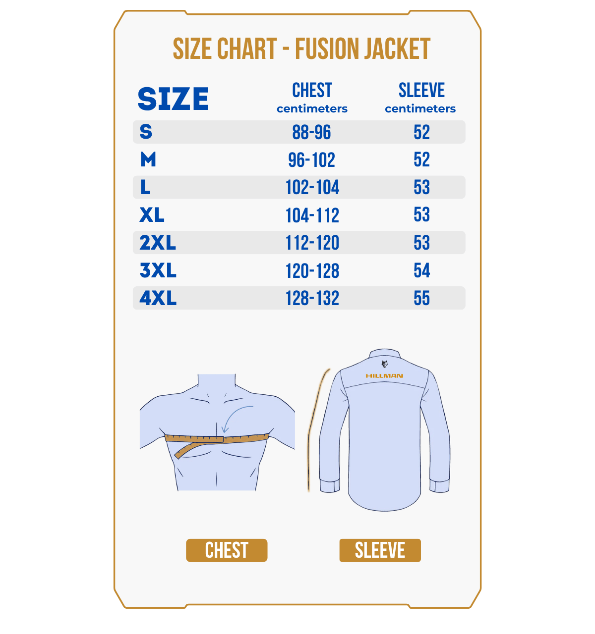 Size chart for PRE ORDER Fusion Hunting Jacket, a breathable hunting jacket, with chest and sleeve measurements (cm) for sizes S–4XL. Includes illustrations to measure chest and sleeve on a person and shirt.