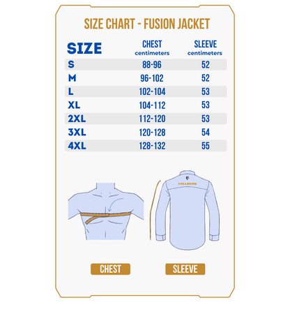 Size chart for PRE ORDER Fusion Hunting Jacket, a breathable hunting jacket, with chest and sleeve measurements (cm) for sizes S–4XL. Includes illustrations to measure chest and sleeve on a person and shirt.