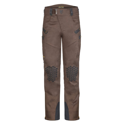 The 6OL Matrix Insulated Hunting Trousers by HILLMAN GEAR are brown outdoor pants with reinforced knee patches, multiple pockets, black straps, and button details on the waistband and thighs. Darker gray near the hem enhances their rugged design, making them ideal for adventures.
