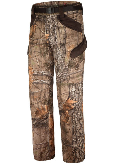 Hillman® XPR Silent Hunting Trousers | Camo have a forest pattern with tree bark, leaves, branches, dark brown pocket accents, and a black belt. They ensure silent movement and feature an anti-odor coating.