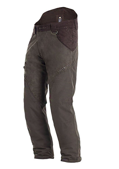 The Hillman® PRE ORDER Fusion Waterproof Hunting Trousers are dark brown, rugged pants with ergonomic, reinforced knee and thigh panels, an adjustable waistband, and a small D-ring near the right hip, shown standing upright on a white background.