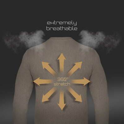 A person wears the HILLMAN bamboo long sleeve hunting t-shirt—Ultralight All-Season Base Layer—with 360° stretch and arrows on the back, visible steam, and "extremely breathable" text to highlight top comfort, flexibility, and moisture control.